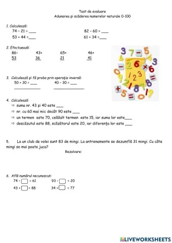Evaluare- adunarea si scaderea 0-100