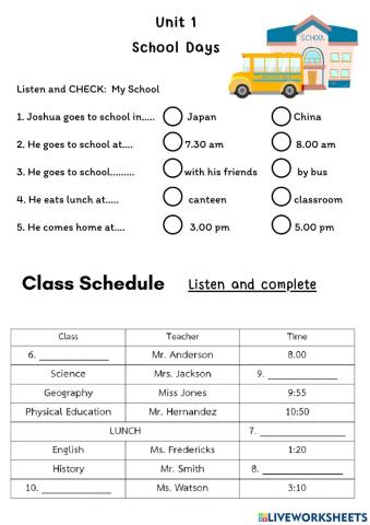 Unit 1 School Days