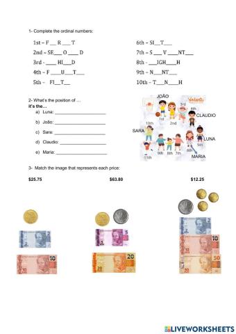 Money, mathh, biomes, whales, ordinal numbers