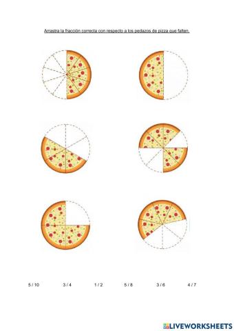 Arrastra la fracción a la pizza correspondiente.