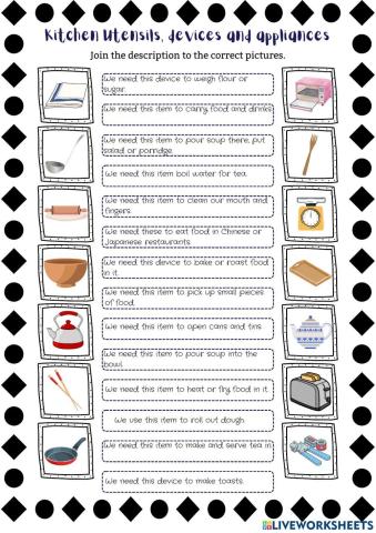 Kitchen utensils, devices and appliances