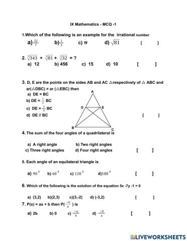 IX Mathematics -MCQ-1