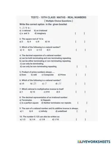 MCQ- TEST2- 10th Mathematics - Real numbers