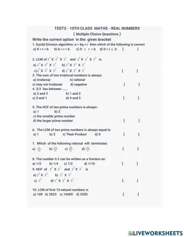 MCQ- TEST3- 10th Mathematics - Real numbers