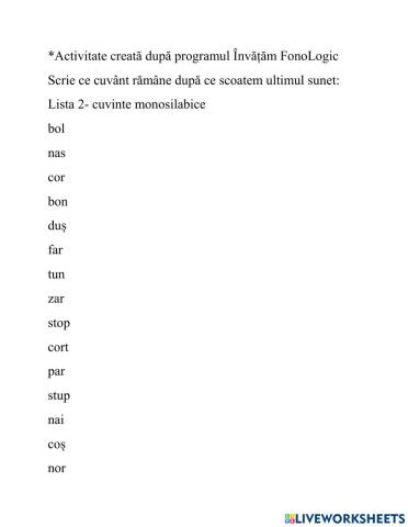 Eliminare fonem final - cuvinte monosilabice