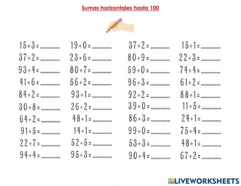 Sumas  horizontales hasta 100.