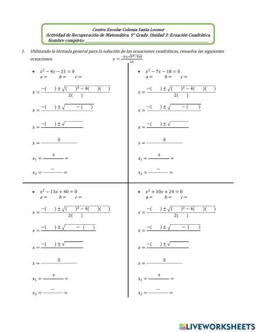 Ecuaciones Cuadráticas (Fórmula general)