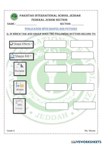 Name the tab and group of the buttons in MS Publisher
