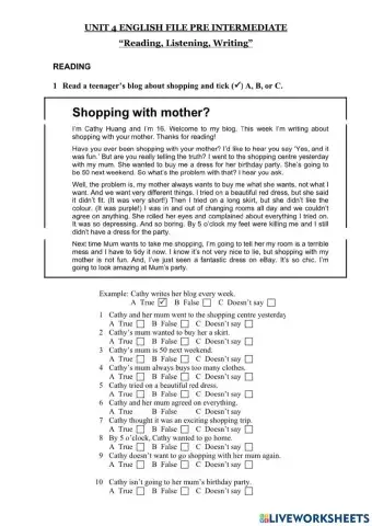 UNIT 4, reading writing, lisening (english file pre inter 3rd)