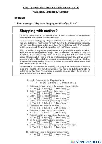 UNIT 4, reading writing, lisening (english file pre inter 3rd)