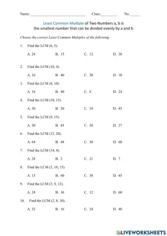 Least Common Multiple of Whole Numbers