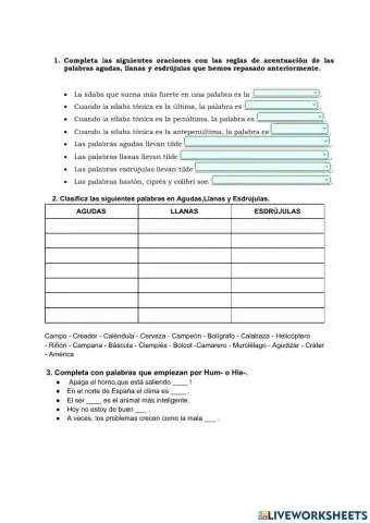 Las palabras agudas, llanas y esdrújulas