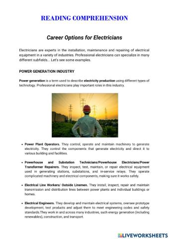 Reading Comprehension: Career Options for Electricians