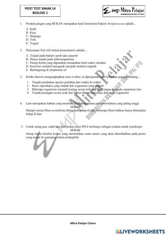 Post Test SIMAK UI BIO 1 2023