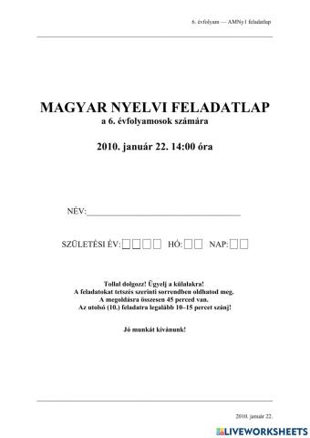 Felvételi magyar 6. o.
