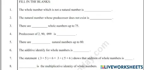 Whole number worksheet