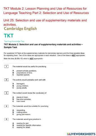 TKT Selection and use of supplementary materials and activities