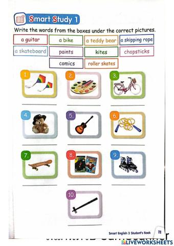 Write the words from the boxes under the pictures