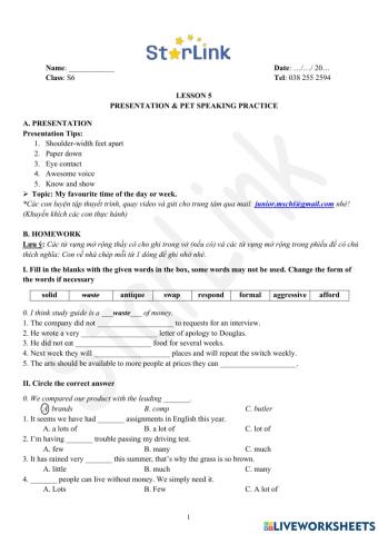 Foreign Teacher-S6-WEEK 5-LESSON 5-PRESENTATION & PET SPEAKING PRACTICE