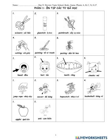 Review phonic A-B-C-N-O-P & Topic: School-body-game