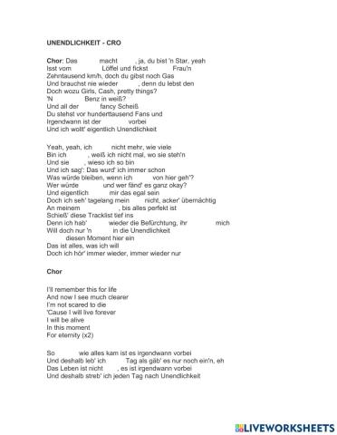 Unendlichkeit- Cro Lied