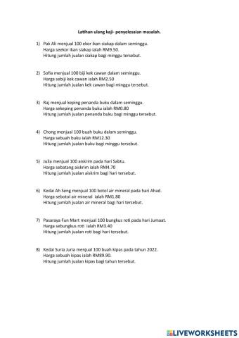 Latihan Pengukuhan Problem Solving-Nilai wang darab 100