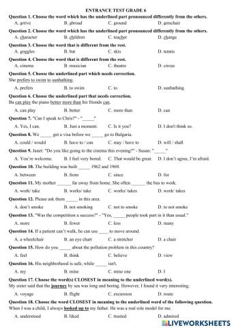 Entrance Test Grade 6
