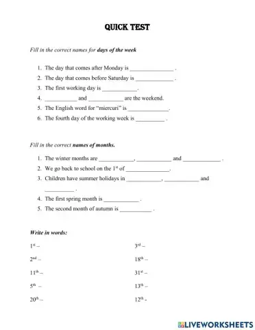 Days of the week, names of month, ordinal numerals