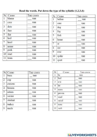 The types of the syllables