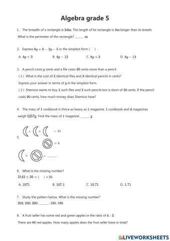 Algebra test Grade 5