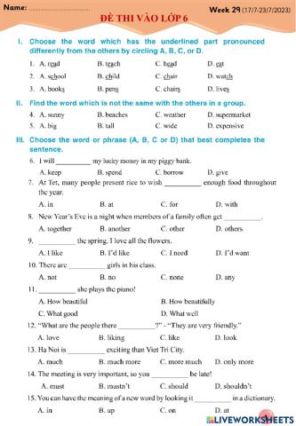 Đề thi vào 6, số 3