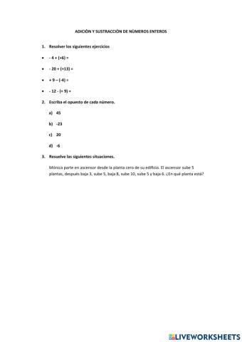 Adicion y sustraccion de numeros enteros