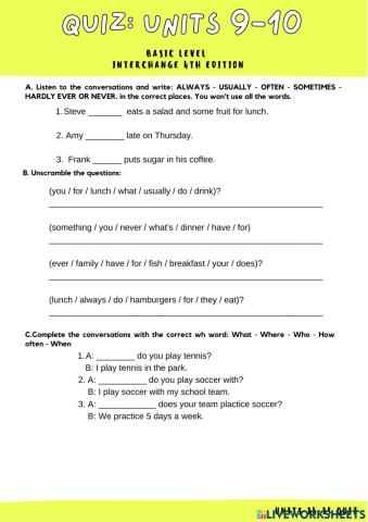 Interchange 4th edition intro - quiz units 9-10