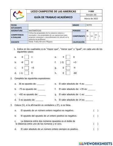 Orden números enteros y Valor absoluto