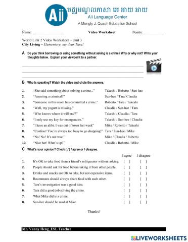 WL2 3rd Edition-Unit 3 Videoworksheet CL