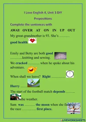 I Love English 4, Unit 3 DIY, prepositional phrases.