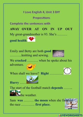 I Love English 4, Unit 3 DIY, prepositional phrases.