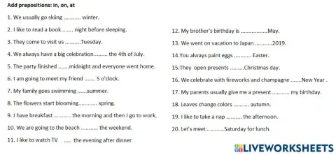 Prepositions in, on, at in sentences