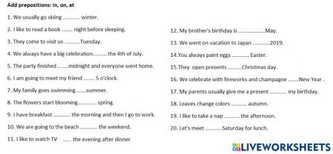 Prepositions in, on, at in sentences