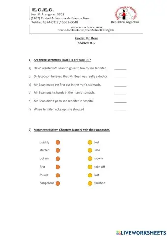 Mr Bean Activities chapters 8-9