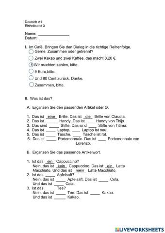 Deutsch A1 Einheitstest 3