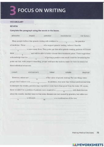 Focus on Writing - Vocabulary - Review - Pages 75 & 76 - Unit 3 - Northstar 4