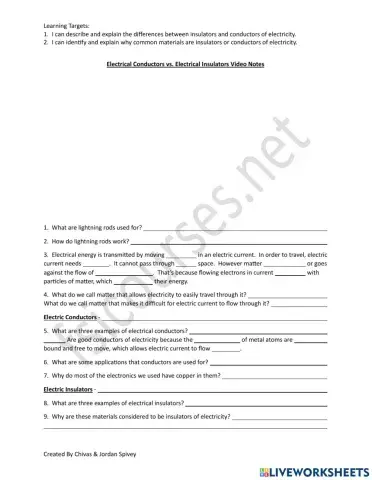 Conductors vs. Insulators of Electricity Video Notes
