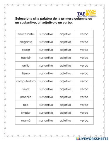 Sustantivos, adjetivos y verbos