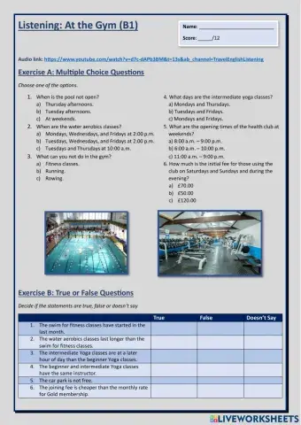 At the Gym: Listening (B1 Intermediate)