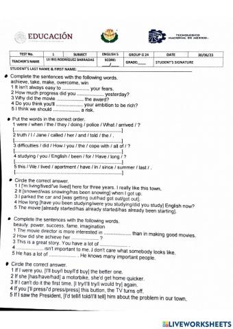 Exam 1 level 5 units 1, 2  - 3
