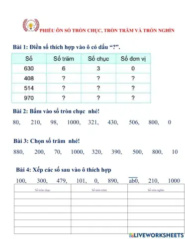 Phiếu ôn số tròn chục, tròn trăm, tròn nghìn