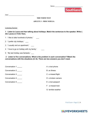 Adults 3 - Mid term test