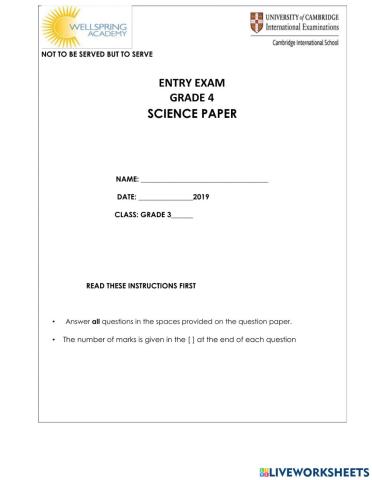 Grade 4 Science Entry Exam