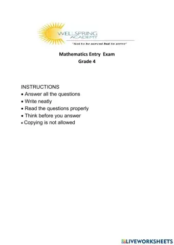 Grade 4 Mathematics Entry Exam